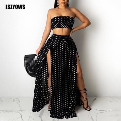 Women Sexy 2 Pieces Set Strapless Crop Top High Split Long Skirt Polka Dot Printed Two Piece Set Summer Boho Beach Party Outfits