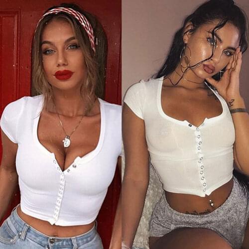 2018 Fashion Sexy Women Short Sleeve Crop Top Button Vest Halter Casual White Tank Tops Blouse Short Shirt