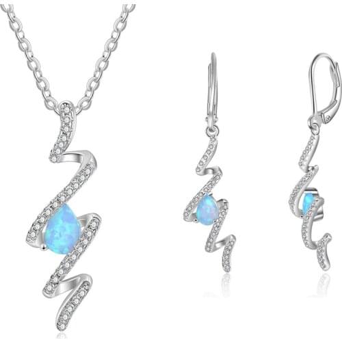 Luxury Silver 925 Jewelry Sets Twist Drop Earrings Blue Opal Stone Chain Necklaces Cubic Zircon Women Wedding Jewelry