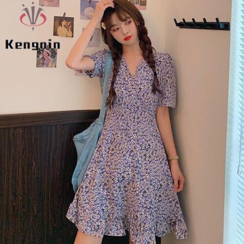 Small Daisy Floral Women Dress 2021 Summer Plus Size 4XL Office Lady Vestidos Dresses V-Neck Ruffles Chiffon Robe Dress KE1041