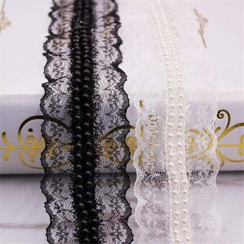5Yards Embroidery Double Row Pearl Beads Lace Mesh Trim Ribbions DIY Clothing Wedding Dress Curtain Accessorie