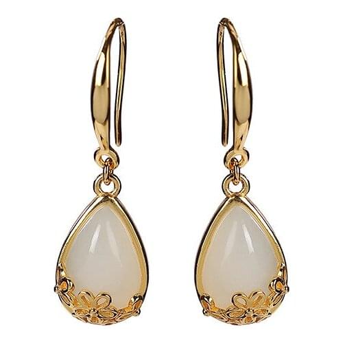 925 sterling silver gold plated Hetian jade Gray jade Earrings Retro Plum blossom Drop-shaped Ladies Eardrops Earrings