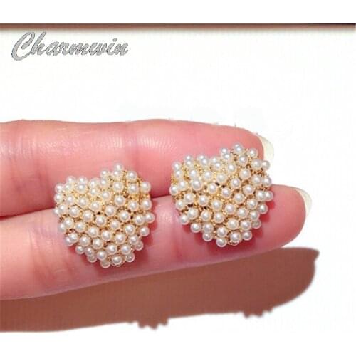 Charmwin New Stud Earrings For Women Earrings Fashion Jewelry Simple Imitation Pearl Heart Earrings Girl Gift