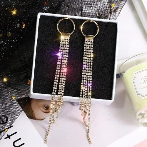 Statement Korean Brides Jewelry Crystal Rhinestones Earring Elegant Long Drop Bridal Wedding Earrings For Women Bijoux