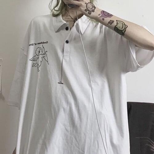 Summer Short Sleeve Turn Down Collar Angel Printed Oversize Bf Couple Loose Casual Daily Harajuku Womens Simple T-shirts Women