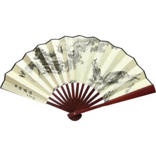 Chinese Style Bamboo Wood Summer Portable Wedding Party Gift Fan 10 Inches LandscapeSilk Folding Fan