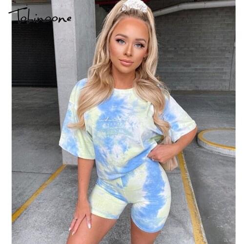 Tobinoone Summer casual two piece set top and pants women sets short sleeve fashion loose outfits shorts suit 2020 female