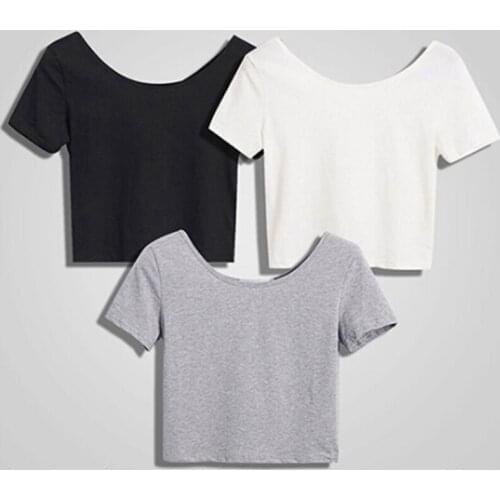 Summer Women T-Shirts 2021 Short Tees Tops Casual O Neck Crop Tops Short Sleeve Bare Midriff Bottom T-Shirts White Black Grey