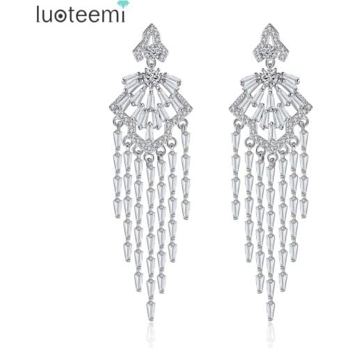 LUOTEEMI New Luxurious Long Drop Earrings Square Round Zircon Tassel Big Brincos for Women Wedding Accessories Jewelry