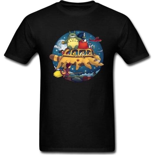 Merry Spirits T Shirt Men Black Tshirt Neighbor Totoro Tops Cat Bus Tee Faceless Anime Clothing Summer Cotton T-shirt