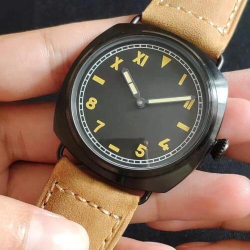 The Mens' Mechanical Hand Wind Luxury Watches Black Stainless Case Khaki Leather Strap Super Luminous Waterproof Man Gift Clock