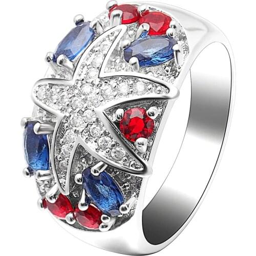 UFOORO engagement ring Starfish Flower-shaped red and blue zircon for women wedding rings best gift jewelry rings Dropshipping