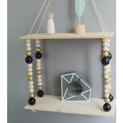 Original wood beads double wall shelf storage rack wall decorations bedroom bookshelf swing organization hanger
