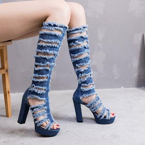 Personalized High-heeled High Boots, Womens Shoes, Fashion Denim Boots (Height 12cm 4.72inches)