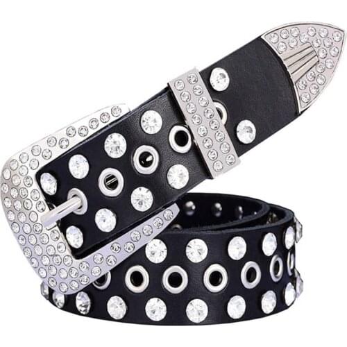 New Fashion womens Diamonds belts Punk rock style belt For lady PU + Genuine leather Sequins Metal buckle Wide Metal rivet bead
