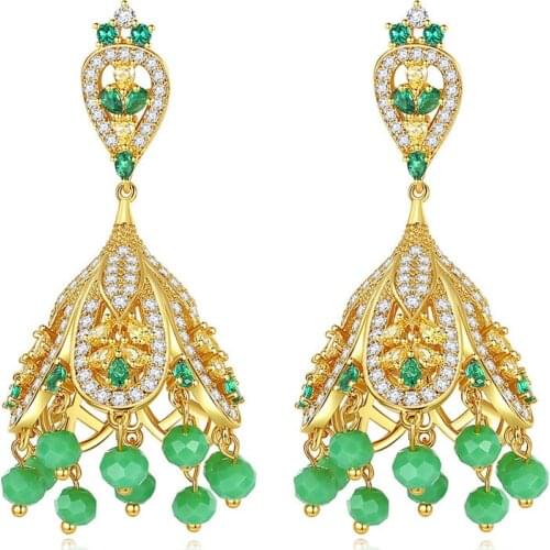 Delicated Bell Drop Earrings for Girls Bridals Party Green Clear Beads High Quality Cubic Zircon Big Fashion Jewelry Gift