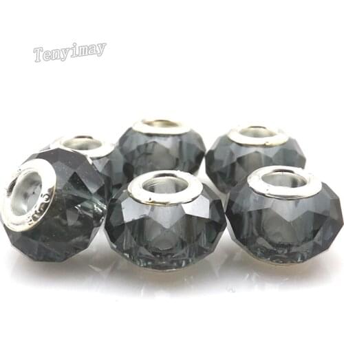 Silver Plated Core Grey Faceted Glass Charm Beads Fit Snake Chain Bracelet 100pcs/lot
