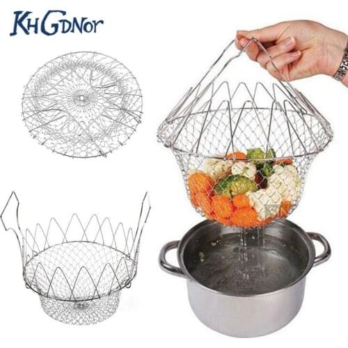Foldable Steam Rinse Strainer Stainless Steel Colander Magic Mesh Basket Drainer Frying French Fryer Tool Kitchen Cooking Basket