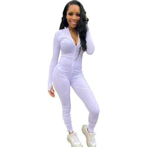 Sexy Solid Color Long Sleeve Deep V Bodycon Rompers Womens Jumpsuit Sporyt Suit Fashion Zip Up Long Pants Overalls Fitness Set