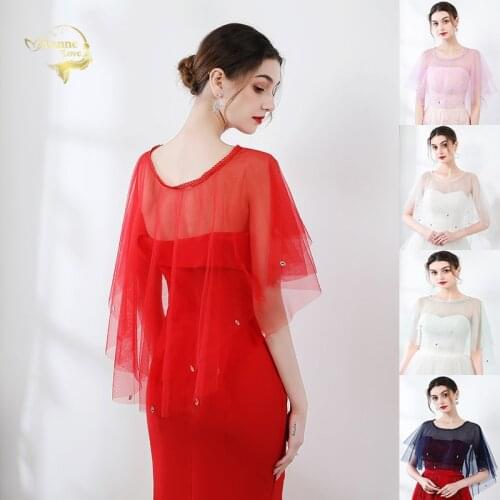 Double Mesh Lace Trim Bridal Cape Summer Wedding Party Wraps Jacket Beaded Women Bolero Bridal Shawl Red Mint Shrugs For Women