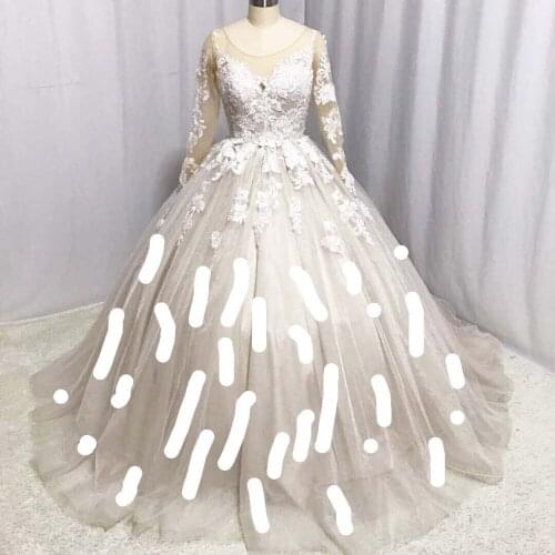 Illusion O Neck Appliqued Beaded Pearls Long Sleeve Ball Gown Princess Wedding Dresses