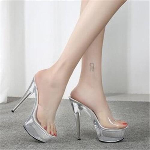 Sexy super high heels 15CM thin heel waterproof platform slippers transparent crystal wedding shoes