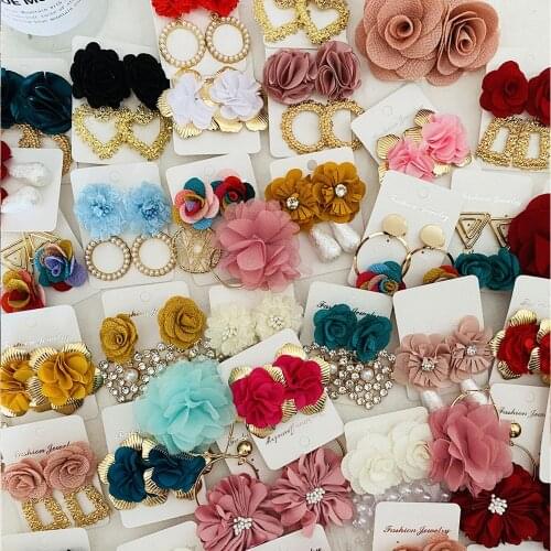 Juran Hot Selling Big Flower Earrings Gold Platd Cloth Flower Long Drop Earrings Jewelry for Ladies Many Styles Available