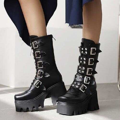 Punk Heels Boots Women Platform New 2021 Spring Winter Mid-calft Boots Footwear Sexy Buckle Black Brown Shoes Lady Large Size