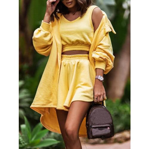 Casual Women Solid Long Sleeve Tops And Shorts Set Summer Straight Streetwear Two Piece Set Female Loose Pockets Matching Suit