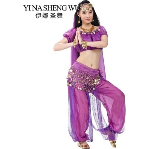 Adult Indian Dance Costumes Bollywood Belly Dance Clothing Women 5Pcs Set Indian Performance Set Top+Pants+Veil+Headdress+Belt