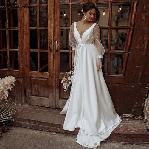 Magic Awn New Bohemian Wedding Dresses Shiny Full Sleeves V-Neck Illusion Country A-Line Ivory Bridal Gowns Lace-Up Back Vestido