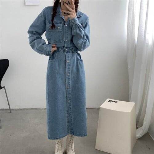 Summer new high waist pocket denim dress Lapel temperament fashion retro woman dress 2021