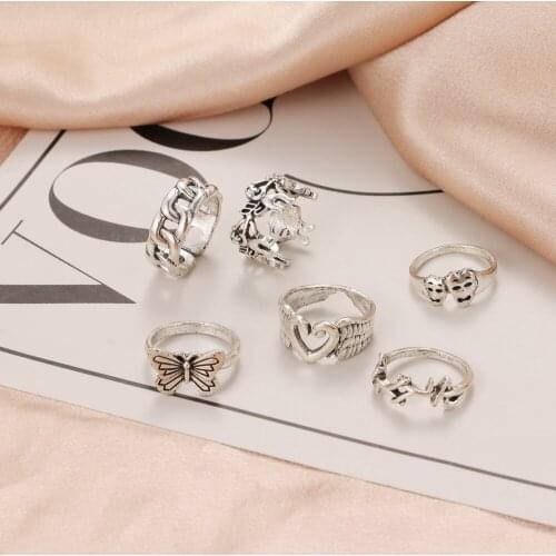 ZOVOLI Vintage Silver Plated Angel Wings Ring for Womens Gothic Punk Steampunk Heart Butterfly Skull Ring Sets Party Jewelry