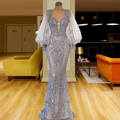 Silver Lantern Sleeve vestidos de famosas Lace Embroidery Pearls Beading вечерние платья 2021 год formal dress