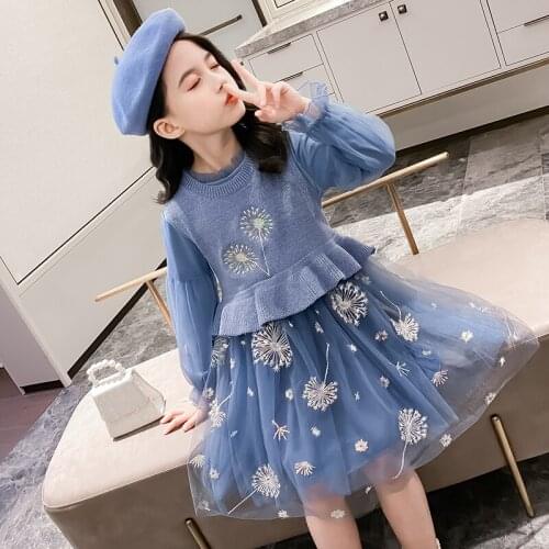 Dresses winter for women 2020 Girls Clothing Knitted Vest Mesh Dress Clothing For Girls Embroidery Clothes For Girls Sequin Kids