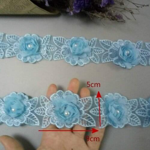 1 yard 5cm Soluble Blue Diamond Flower Floral Embroidered Lace Trim Applique Fabric Lace Ribbon Sewing Craft For Costume Hat