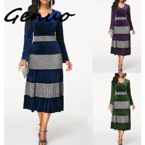 Genuo 2019 Fashion Women Autumn Winter Plus Size Velvet Dress Elegant Party Sequin Patchwor Dress Ruffle 3 Color Midi Dresses