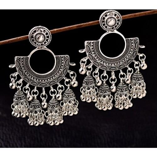 2019 Vintage Silver Color Sector Indian Earrings For Women Ethnic Tassel Jhumka Earrings Classical Statement Earrings Ohrringe