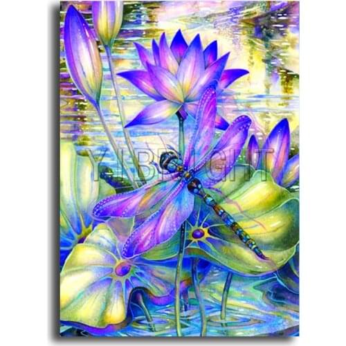 5D Full Round Diamond Painting Cross Stitch Flower "Lotus" Full Square Diamond Embroidery Animal "Fairy Dragonfly" Kits Decor YU