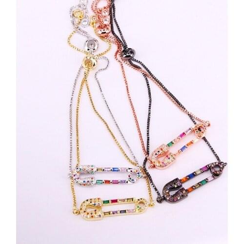 6PCS, Hot Fashion Adjusted Bracelet Colorful Zirconia Rainbow CZ Pin Link Chain Bracelets Jewelry For Women