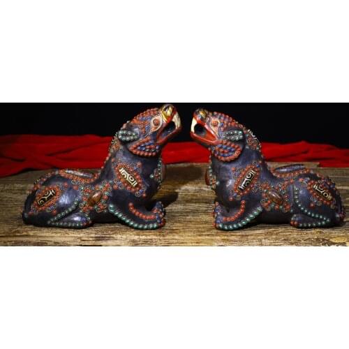 8"Tibet temple Old Natural meteorite Filigree mosaic Gem Dzi Bead Mythical beast Unicorn statue A pair brave troops Town House