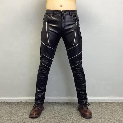 Spring New Thin Punk Simulation Genuine Leather Motorcycle Pants Men Band Costumes Rock Harem Leather Pants Male Slim Leg Tights