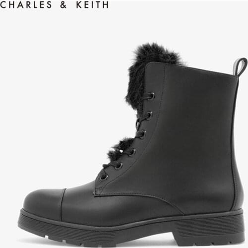 CHARLES＆KEITH Martin Boots CK1-90390159 Womens Boots,Fur Fleece Splice Lace up Ankle Boots