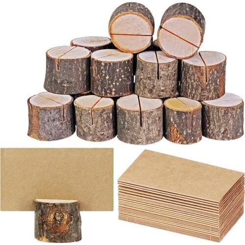 20 Sets Wood Pile Name Place Card Photo Holders Wooden Bark Memo Holder Stump Shape Menu Number Stand Wedding Party Table Decor