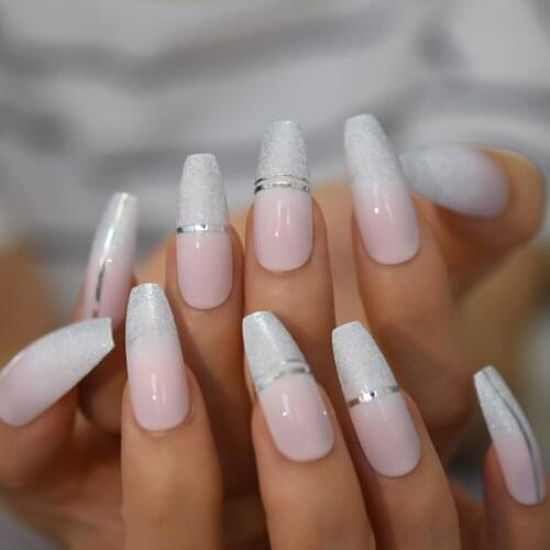French Designed Fake Nail Glitter Long Acrylic Coffin False Nail Design Sliver Edge Press On Nail