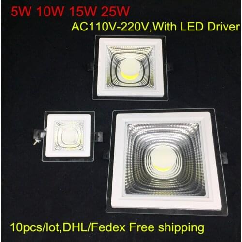 5W 10W 15W 25W Square Glass LED Downlight Recessed LED Panel Light Spot Ceiling Down Light AC110V 220V Warm/Cold White DHL Free