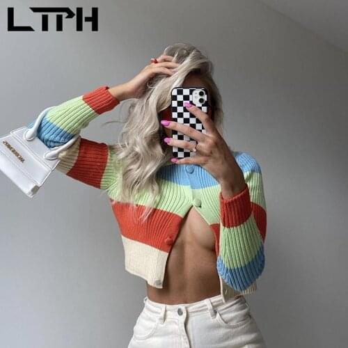 LTPH Color stripes women sweaters long sleeve patchwork knitted cardigan lapel single breasted short sweater 2021 autumn new
