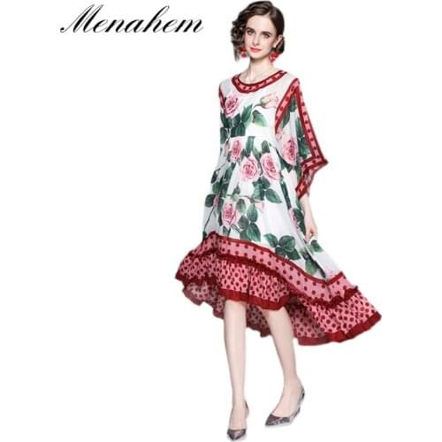 Menahem Summer Kuwait Loose Floral Dress Womens Elegant O-Neck Batwing Sleeve Flower Print Polka Dot Chiffon Bohemia Dresses