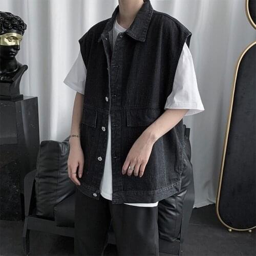 Vintage Men Spring Autumn Sleeveless Denim Vest New Single Breasted Pockets Cargo Jacket Loose Fit BF Style Waistcoat Streetwear