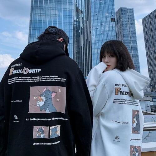 Autumn Winter 2020 Couples Cat Mouse Print Fashion Students Trend Brand Plush Hooded Hip Hop Loose Clothes Korean Top Coat